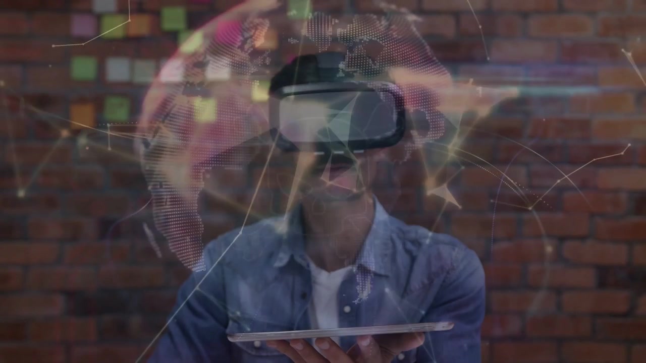 Man wearing VR headset tapping tablet, generating globe-like mesh wrapping around him for tech demo