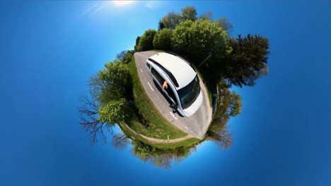 through the woods: little planet perspective of car or van drive in hiiumaa's forest - 360° view