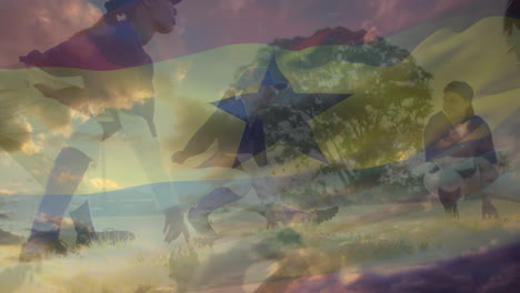 animation of flag of ghana over diverse female rugby players