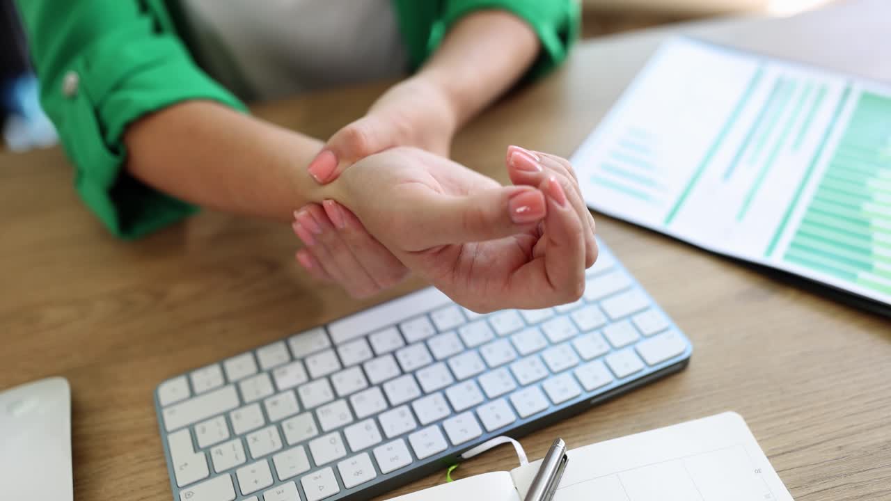 Woman experiencing wrist pain while working at a computer