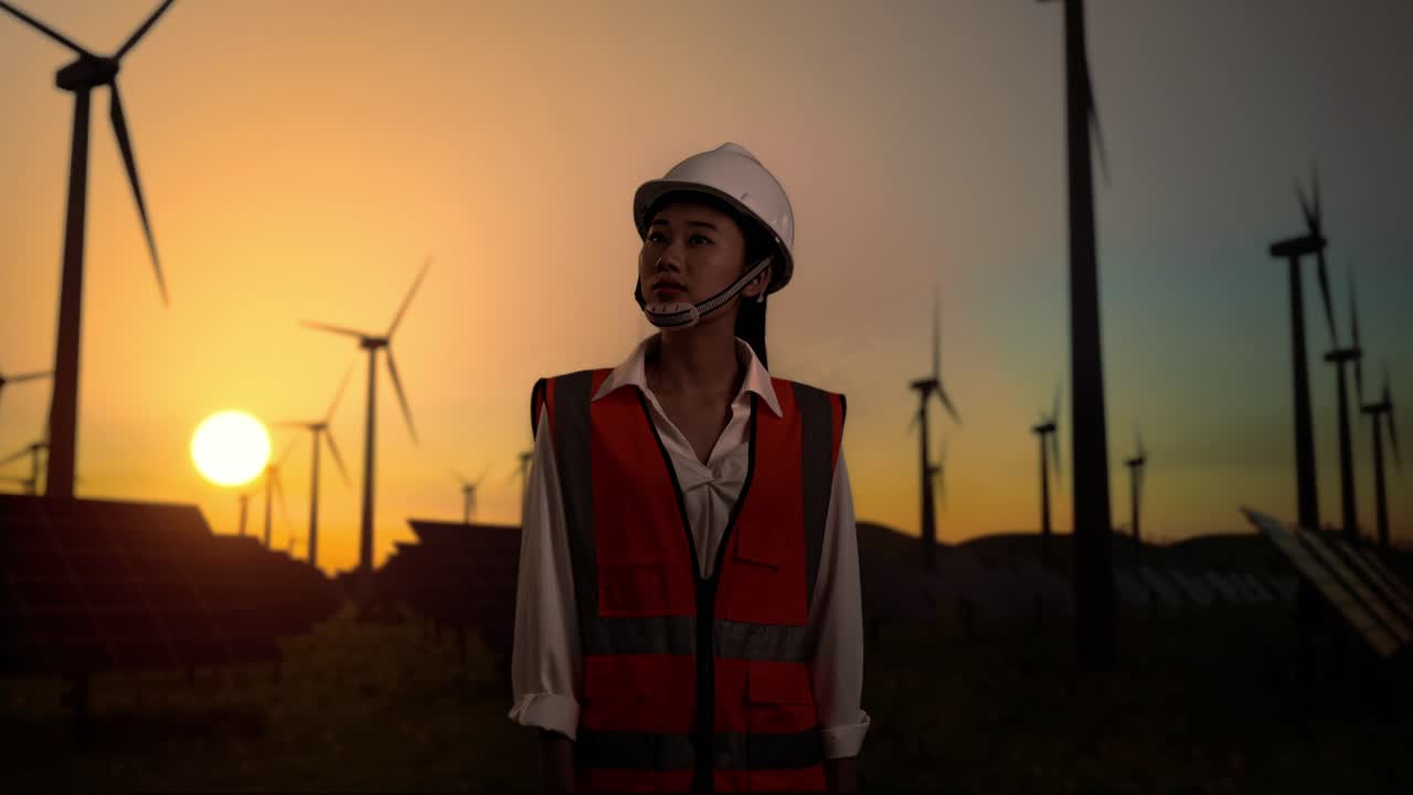 Kvindelig ingeniør ved en vind- og solcellepark ved solnedgang.