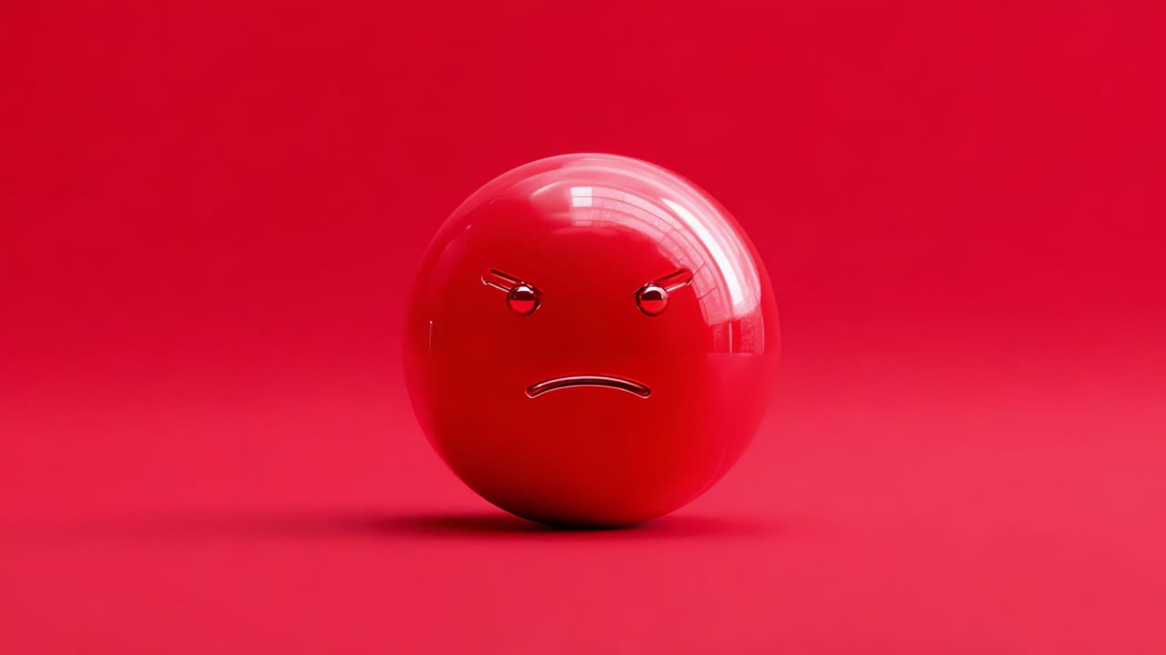 A glossy red sphere depicts intense emotions with narrowed eyes and a frown, showcasing its anger through a vibrant monochrome background, capturing attention with its striking color contrast