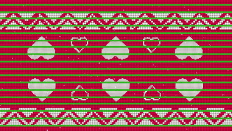 green stripes and snow falling over heart icons on traditional christmas pattern on red background