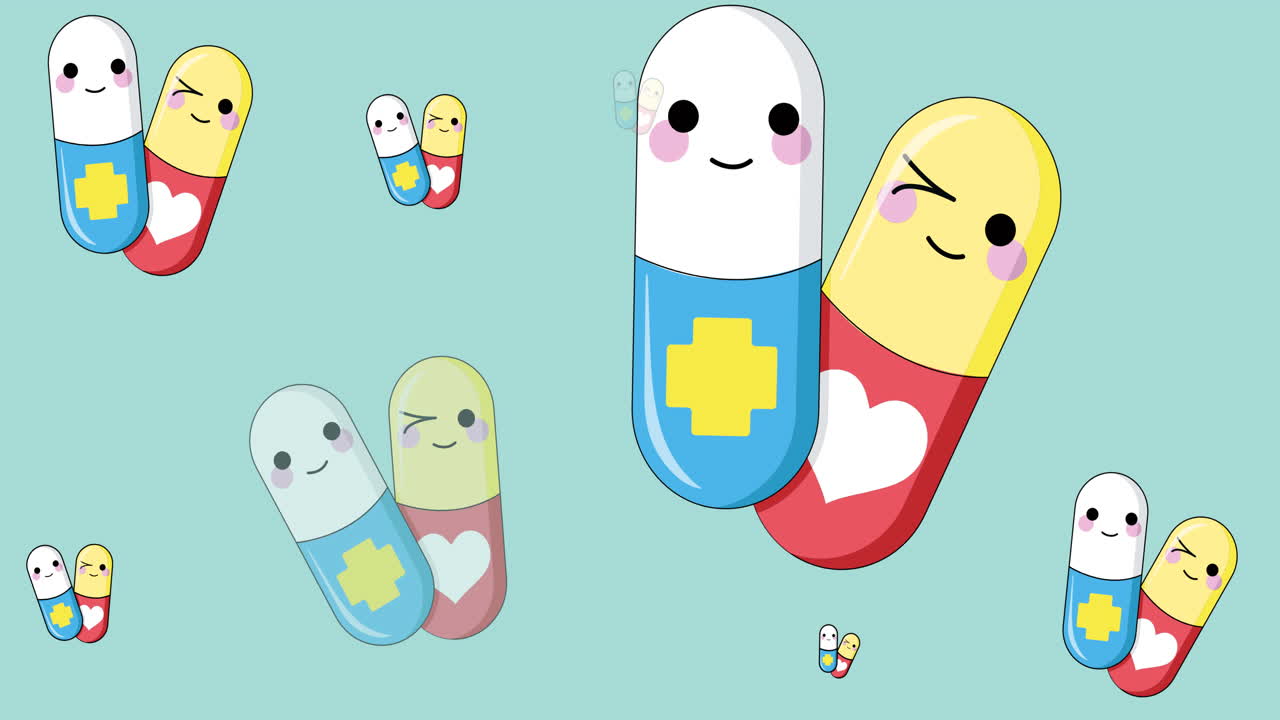 초록색 배경에 있는 알약 아이콘의 애니메이션