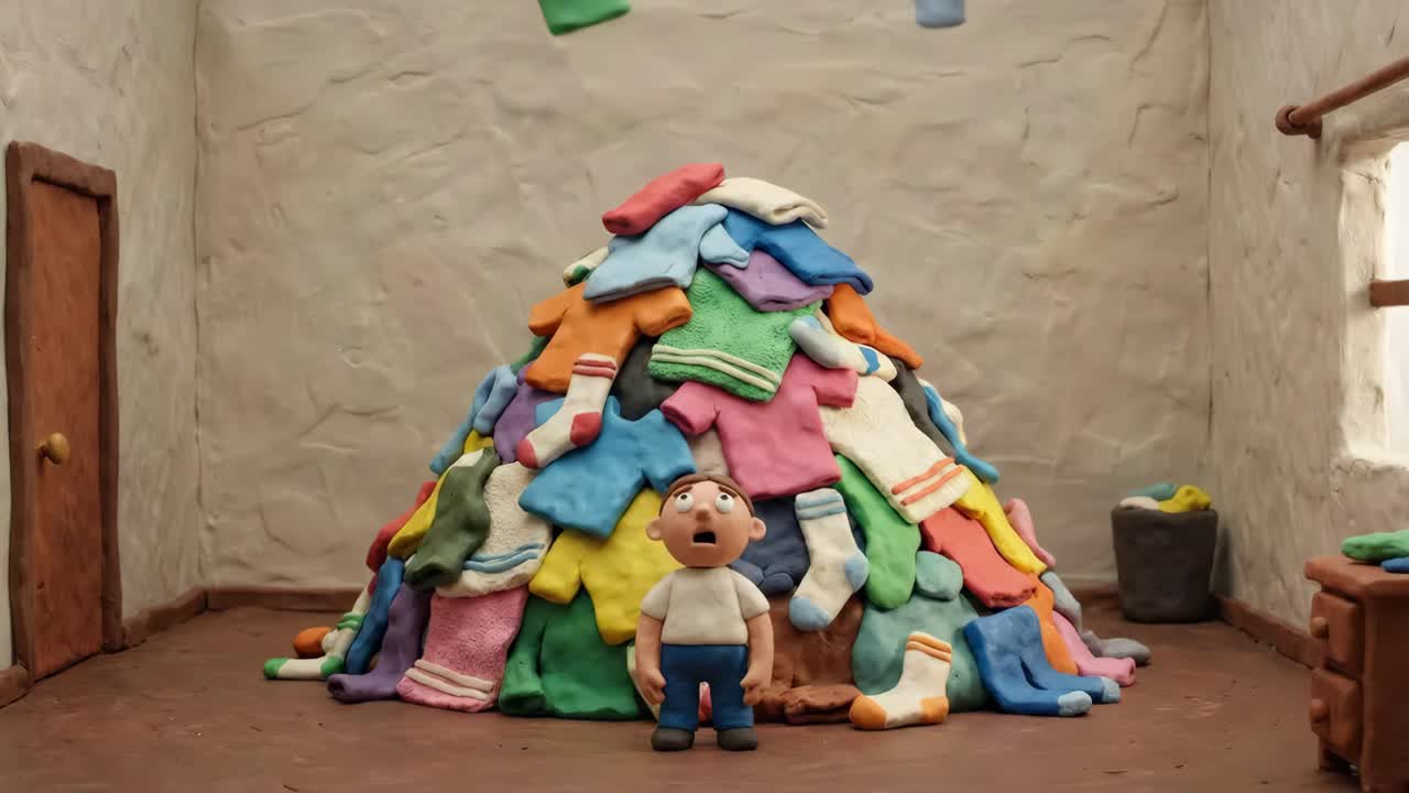 Un uomo in claymation sopraffatto da un’enorme pila di bucato
