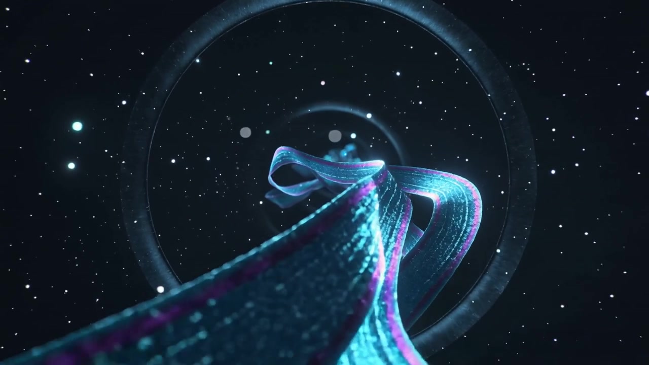 Camera pushing forward, ribbon twisting past rings in starfield tunnel, revealing pixel glow