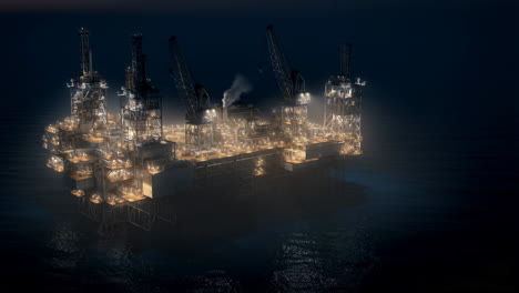 an illuminated offshore oil rig at night