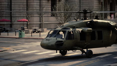 damaged military helicopter in urban setting