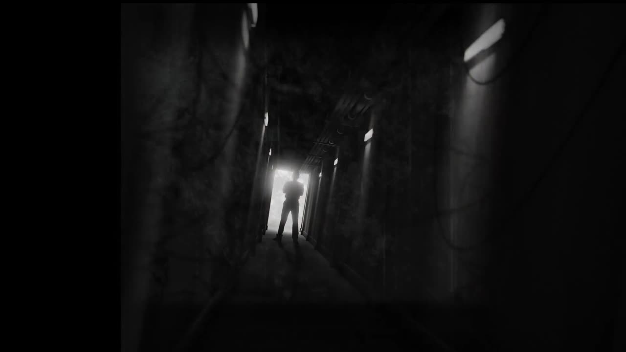 Animation of scratched black and white film of trees and figure backlit in doorway of dark corridor