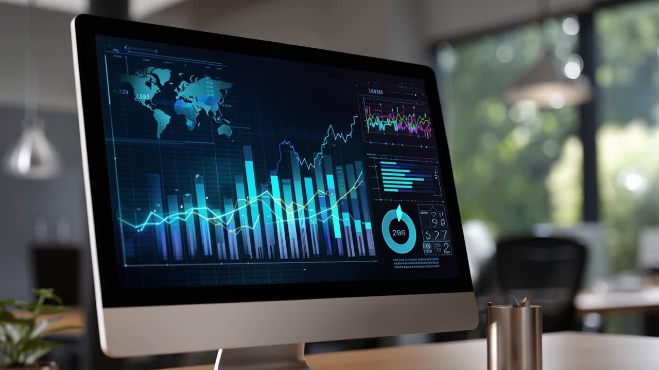 A modern workspace featuring a desktop computer with advanced data analytics displayed on the screen, showcasing graphs, charts, and interactive visualizations