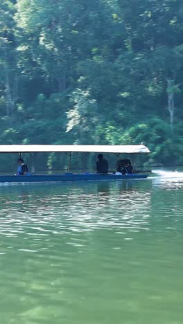 a floating platform moves closer to the forested shoreline.