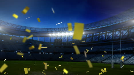 golden confetti falling down in front of a sports stadium