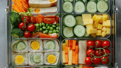 Colorful stop motion revealing fresh vegetables, lean proteins, whole grain wraps assembling nutritious, vibrant lunchbox ingredients layering healthy midday meal