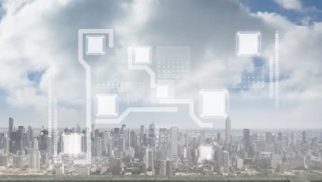 animación de la red digital de intercambio de datos sobre el paisaje urbano moderno