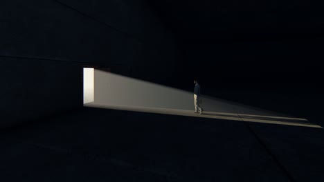 hombre de negocios caminando hacia una puerta de apertura inundación con luz brillante, panorámica, 4k