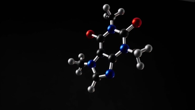 Formula chimica strutturale della molecola di caffeina. Animazione 3D