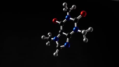fórmula química estructural de la molécula de cafeína. animación en 3d