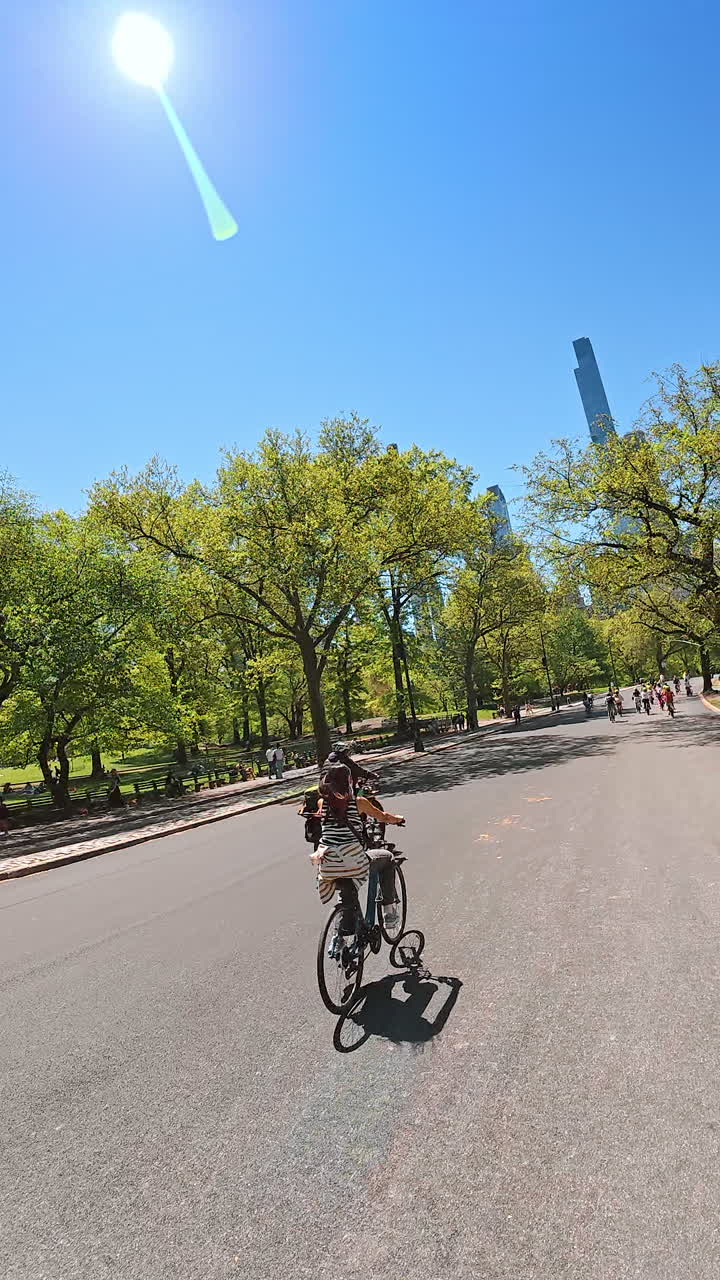 New York, USA, 28 July 2025: Sunny bike ride in Central Park. A cyclist rides along the path in Central Park, surrounded by lush greenery under a bright blue sky