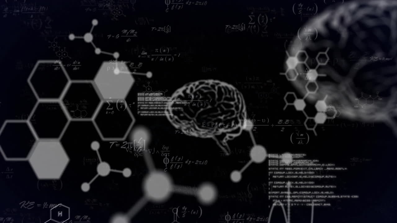 Animation of brain, molecules and data processing with mathematical equations on black background