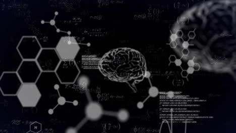 animación del cerebro, las moléculas y el procesamiento de datos con ecuaciones matemáticas en fondo negro