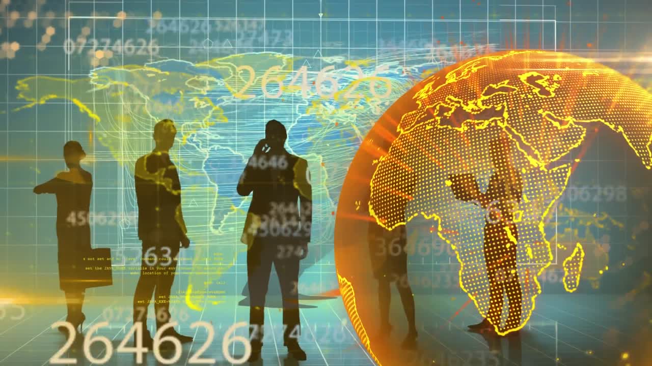 animación del procesamiento de datos y escaneo de alcance sobre empresarios y mapa del mundo