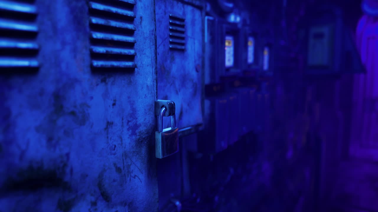 Rusty lockers illuminated by blue light in an eerie urban location