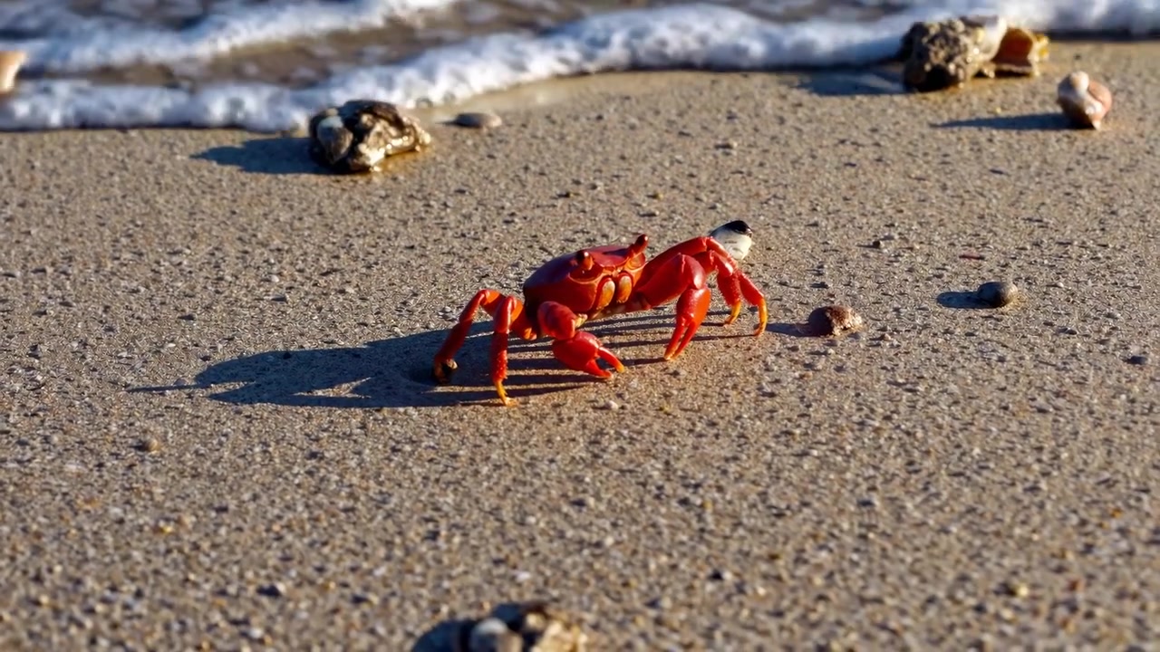 Bright Red Crab Walking on Sandy Beach Shoreline