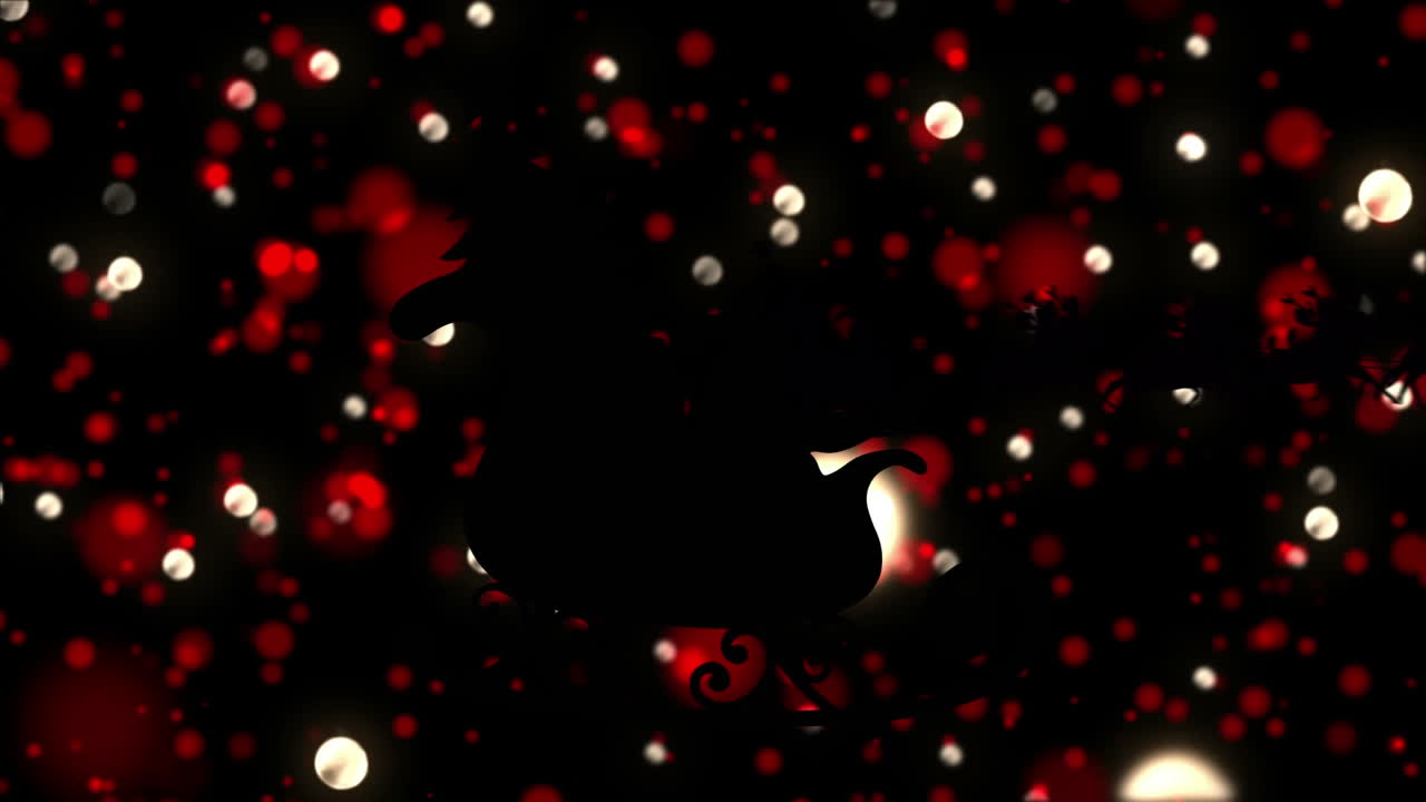 Animation of santa claus in sleigh over light spots on black backrgound