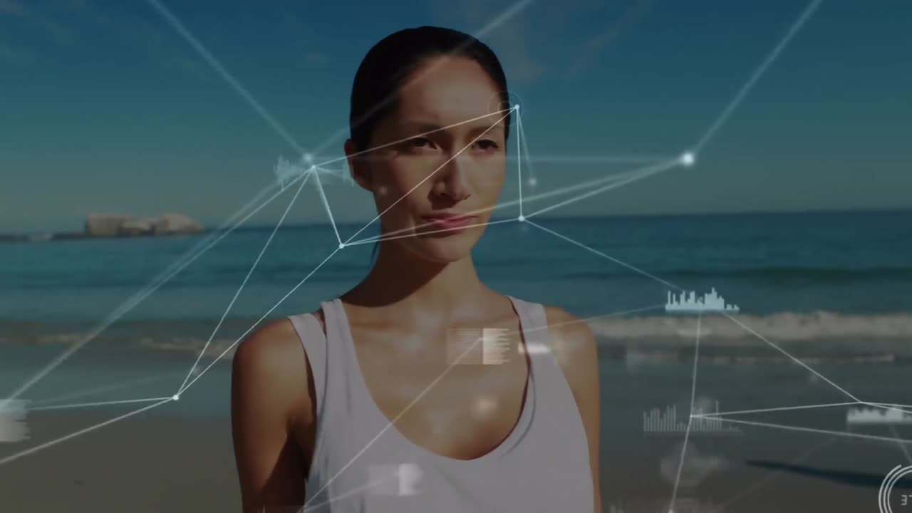 해변에 서 있는 여성에 대한 연결 네트워크와 데이터 처리의 애니메이션