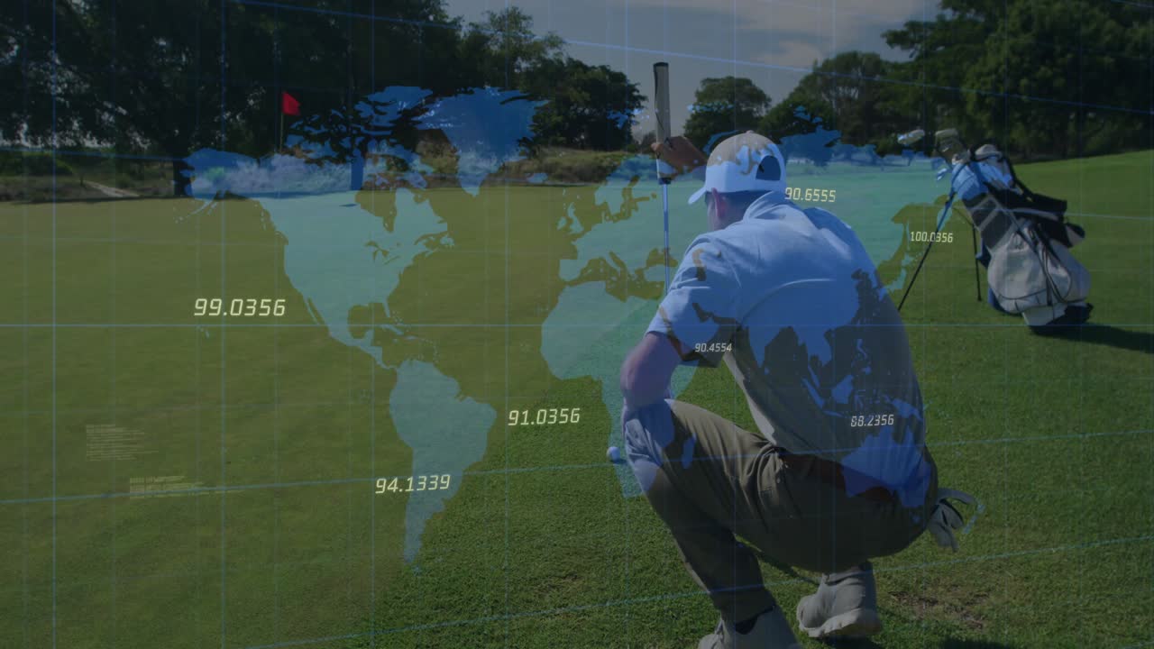Male golfer walking onto putting green with bag, aligning putt as translucent world map shifting