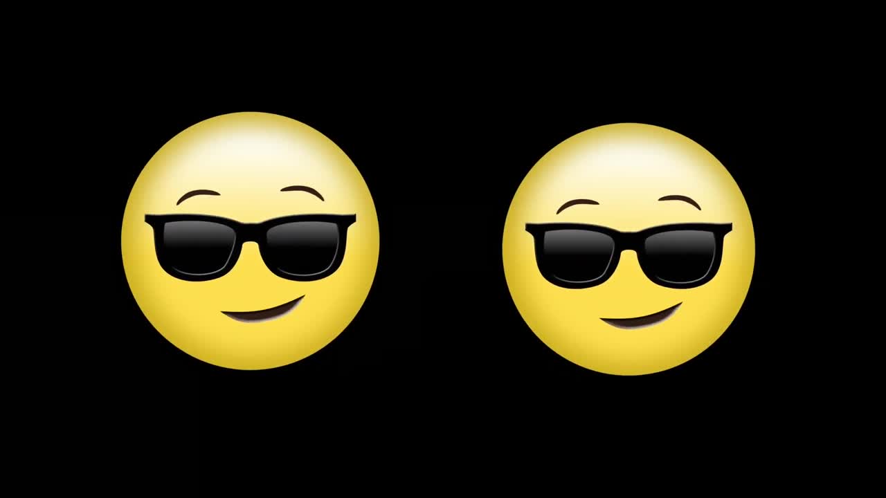 Digital animation of two face wearing sunglasses emojis against black background