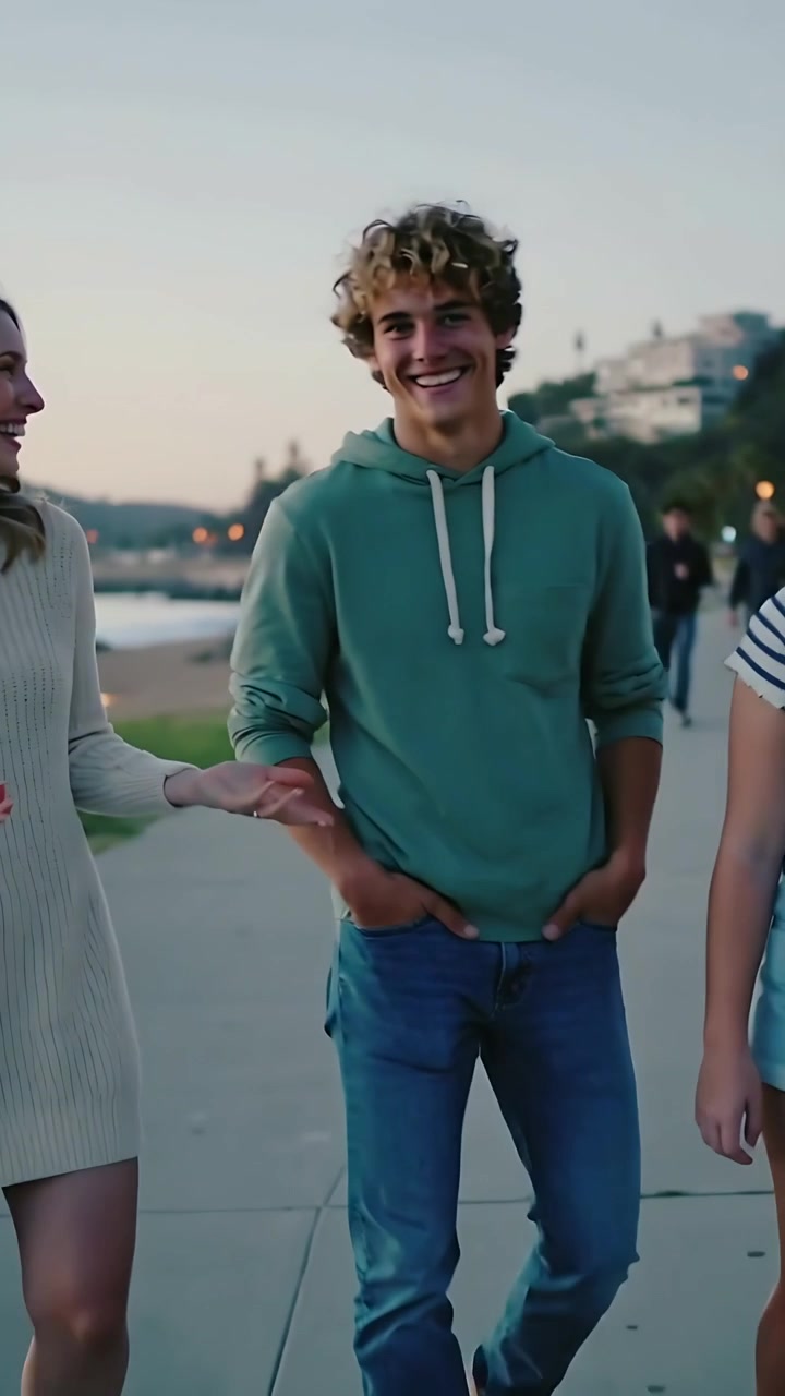 Video verticale: Adolescente riccio sorridente che ascolta e cammina su un sentiero in riva al mare mentre un amico gesticola, indossando una felpa con cappuccio.