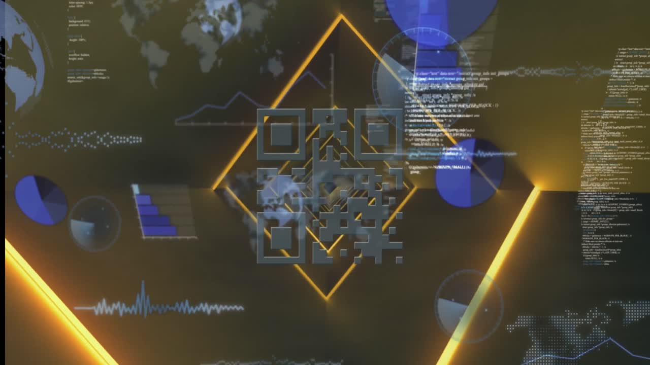 Animation of data processing over qr code on black background