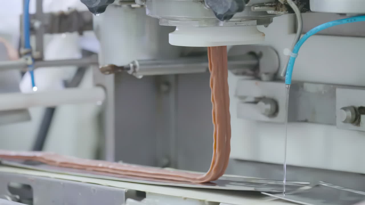 Meat food is being transported on conveyor belt industrial production factory setting line processing