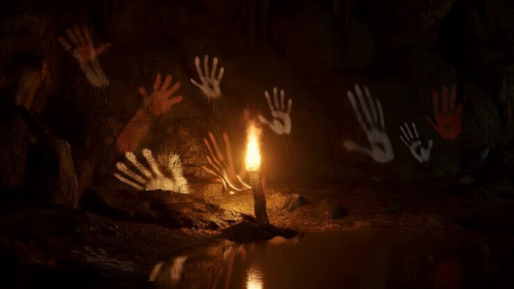 Upright burning torch illuminates painted hand shapes scattered across textured brown rock, while its flame changes shape and golden reflections shimmer in water beneath shadowed cave walls.