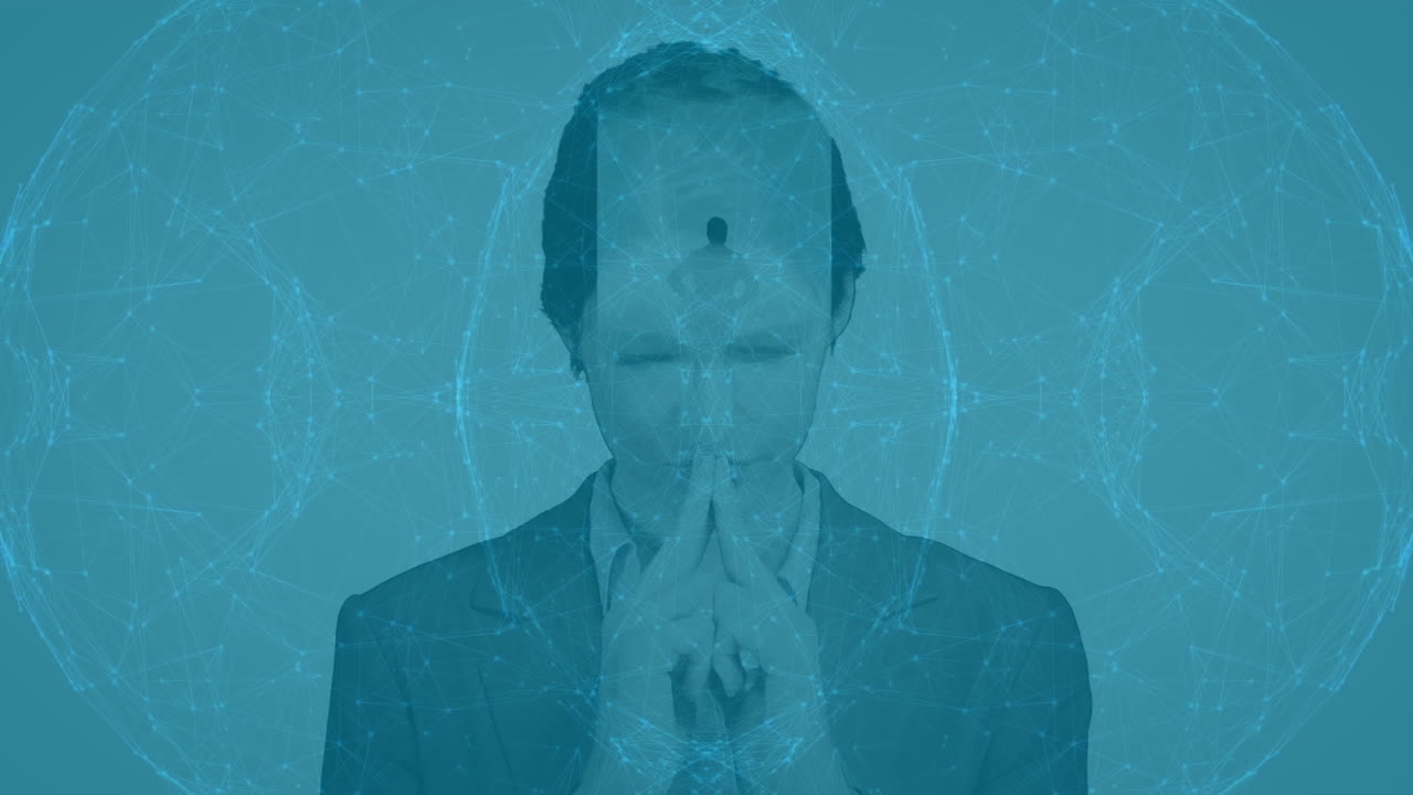 스트레스를 받은 사업가 여성이 머리를 들고 있는 연결망의 전 세계 애니메이션