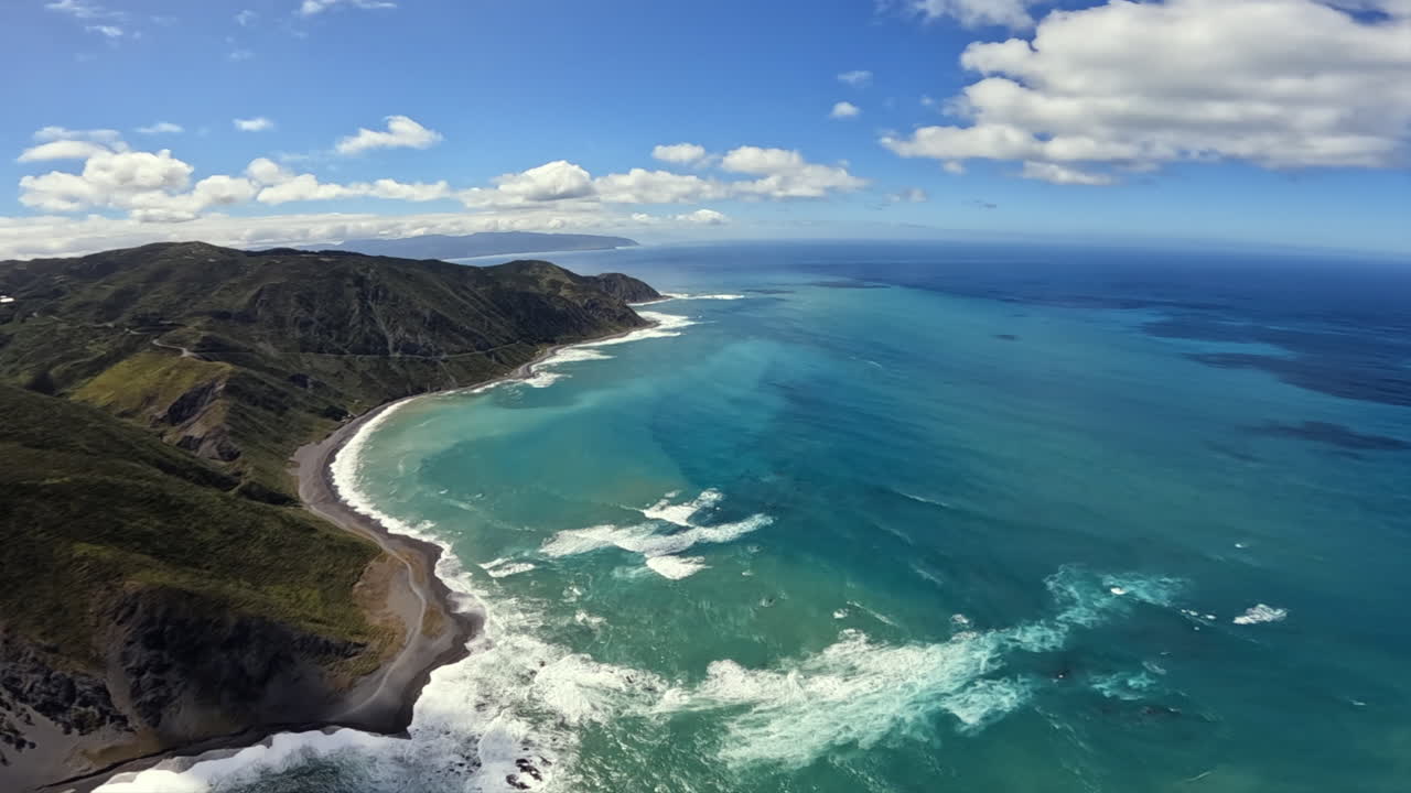 Aerial shot of the Rugged coastline of the North island near Wellington, New Zealand
