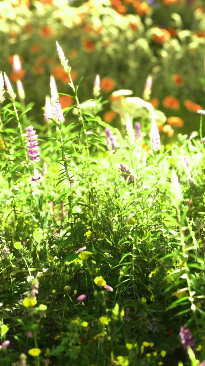 Campo luminoso con vari fiori in un ambiente da giardino soleggiato.