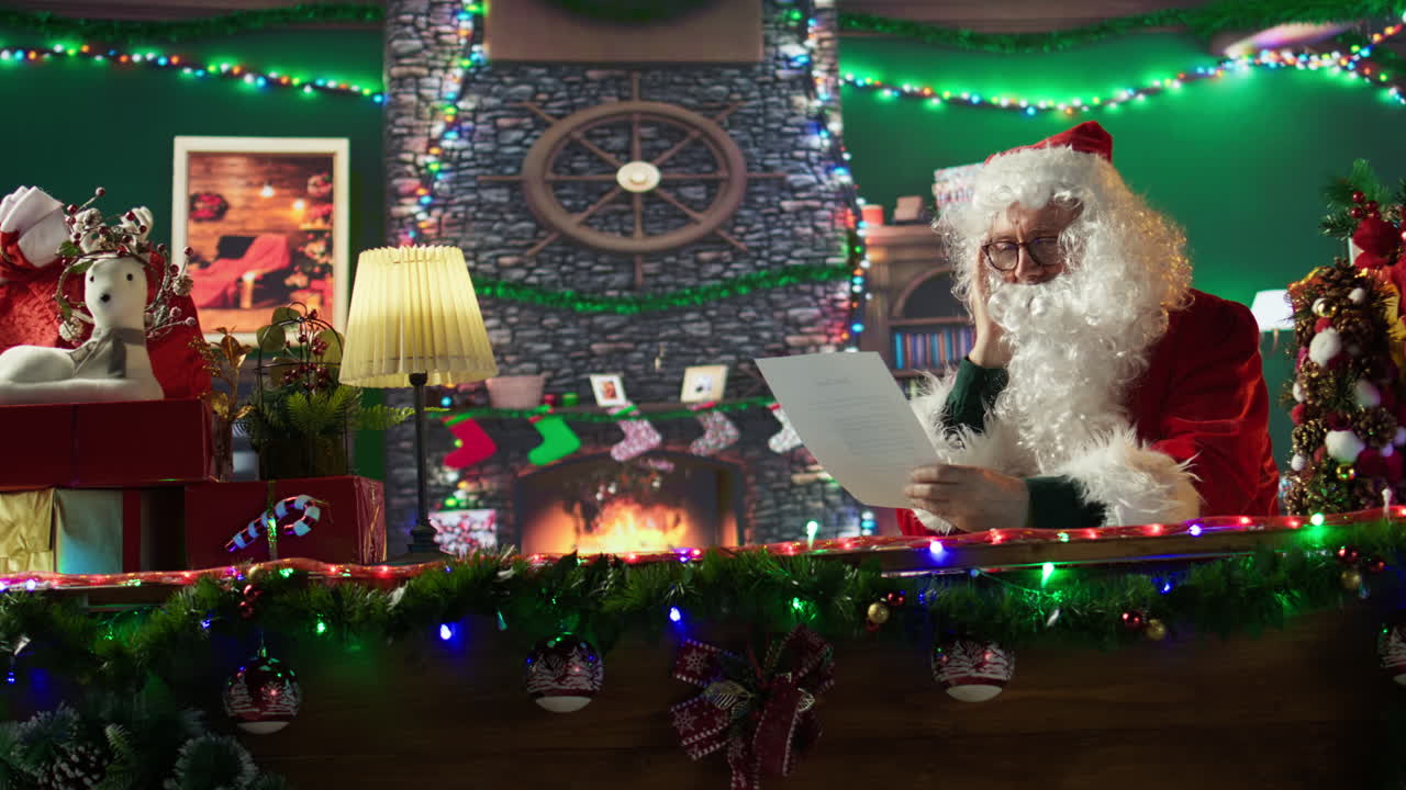 Santa Claus Reading Letters by the Fireplace