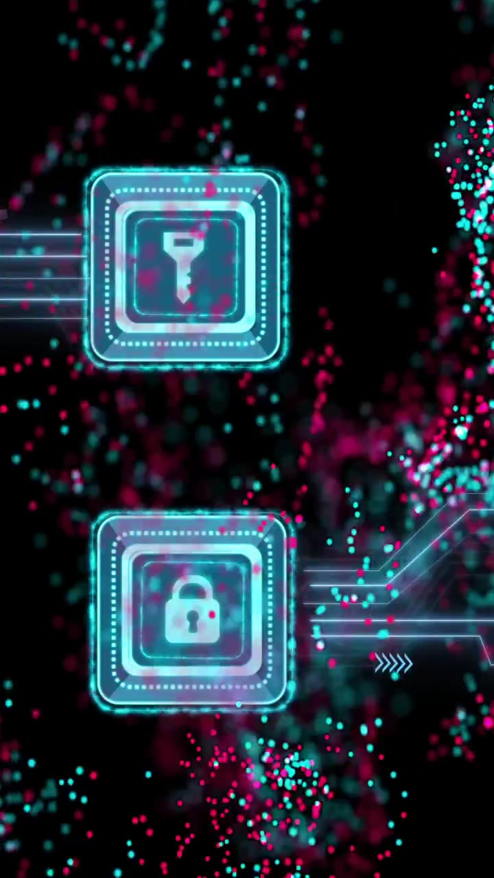 Digital security icons and data flow with colorful particles on black background