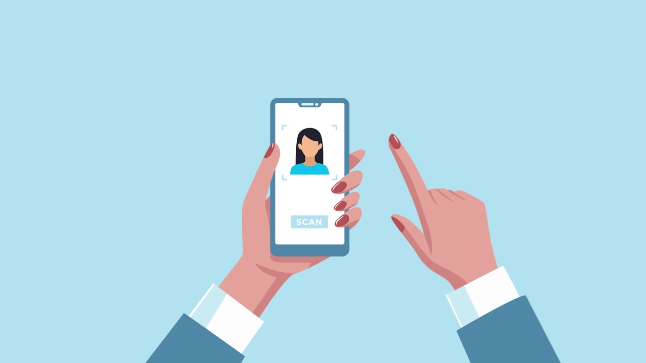 Hand Holding Smartphone for Facial Recognition Scan and Verification