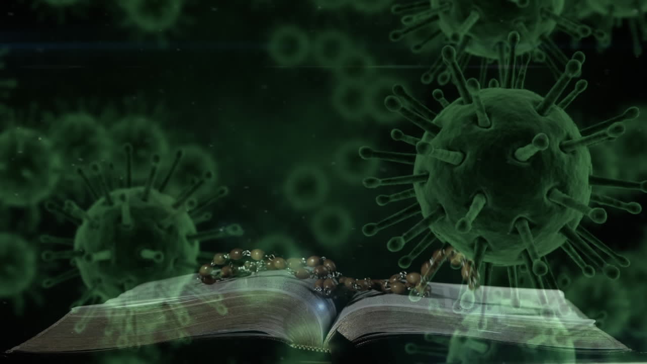 клетки ковид-19 движутся против розария на библии