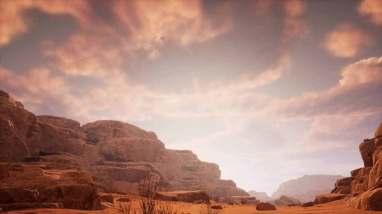 an arid rocky desert environment, 3D animation, animated scene, camera move slowly