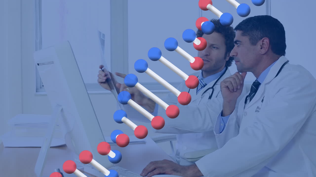 animación de una doble hélice gráfica de adn que gira sobre médicos multirraciales que discuten rayos x médicos