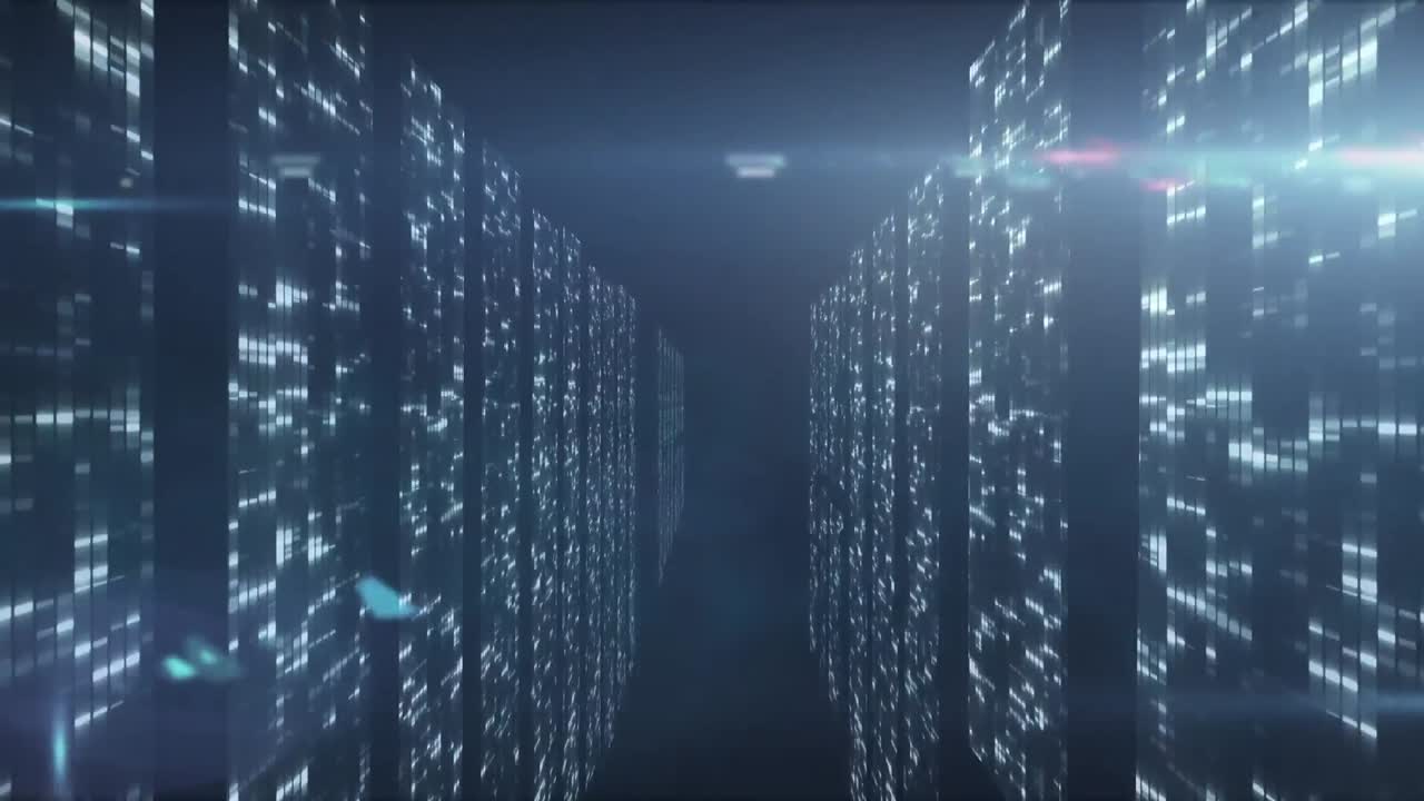 Animation of multiple screens with mosaic squares and light spot against blue background
