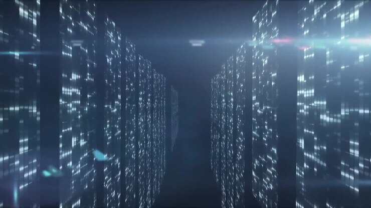 Animation of multiple screens with mosaic squares and light spot against blue background