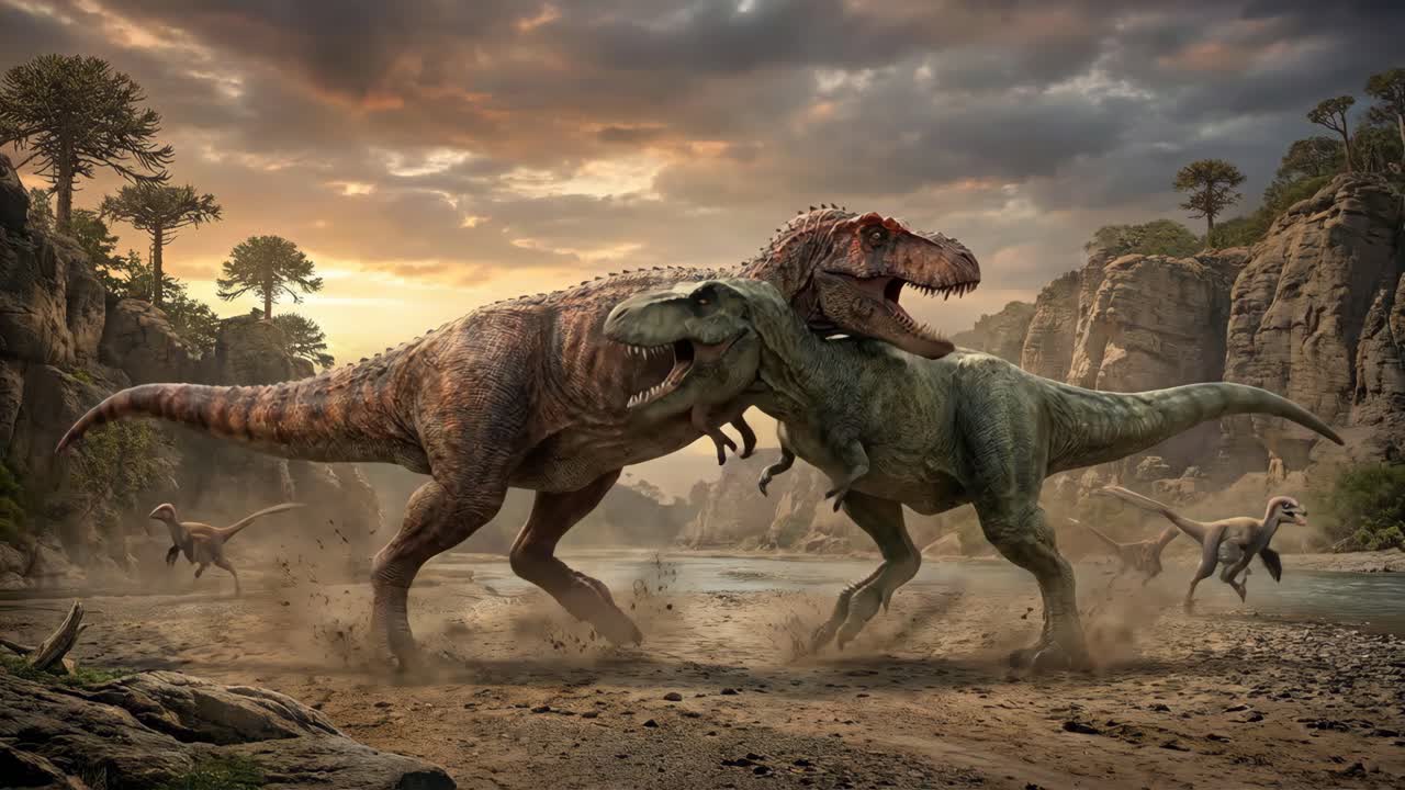 Due dinosauri Tyrannosaurus Rex che si affrontano in un paesaggio preistorico