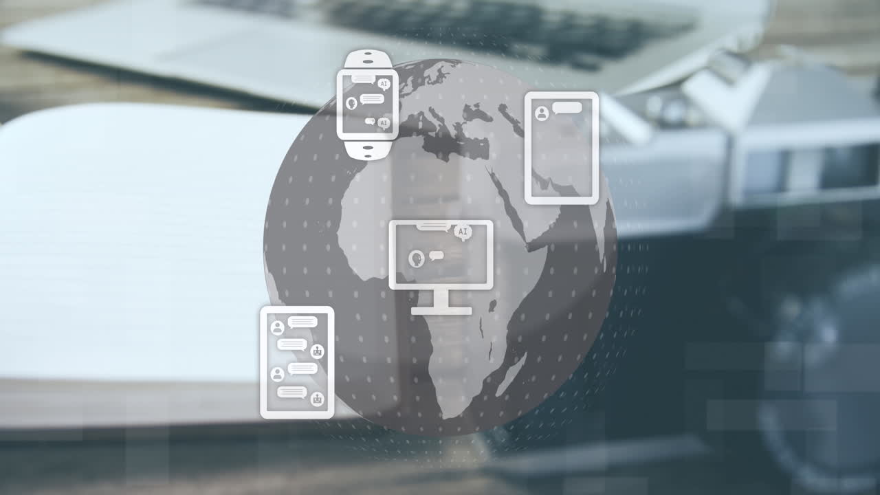 animación de iconos de comunicación y globo sobre portátil, portátil y cámara