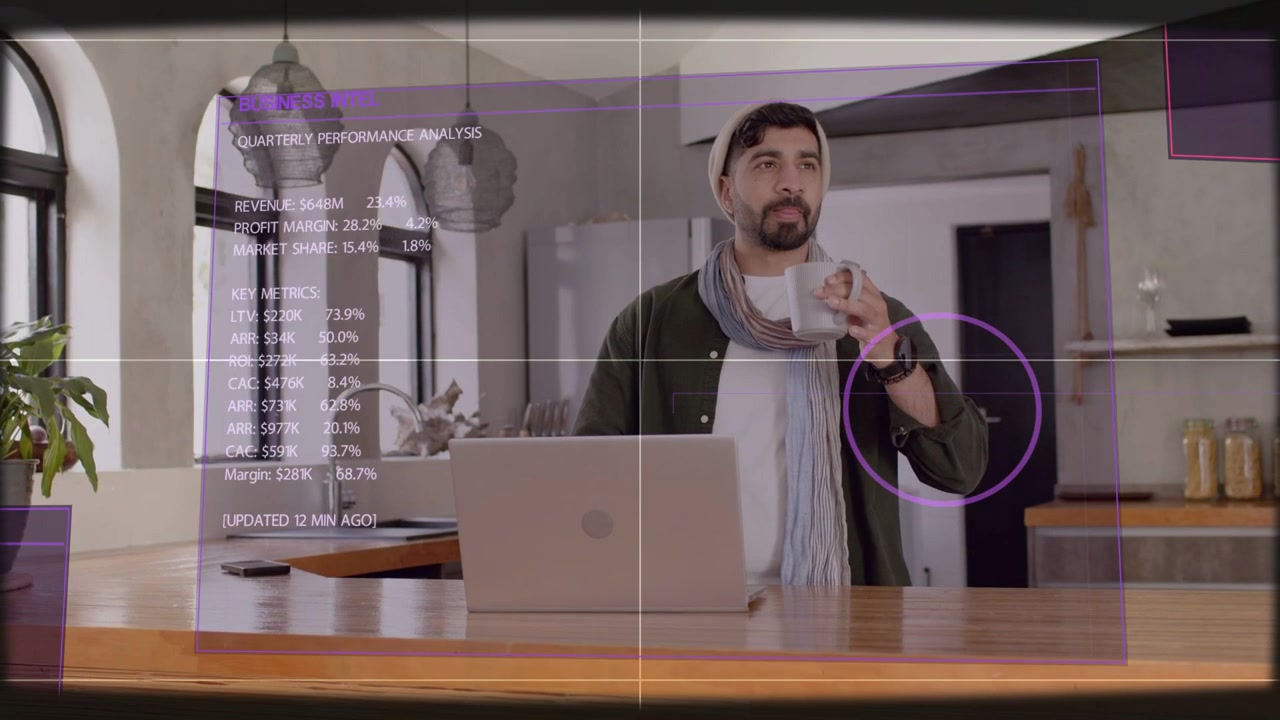 Man sipping mug and raising purple UI panels forming quarterly metrics using selector locking them