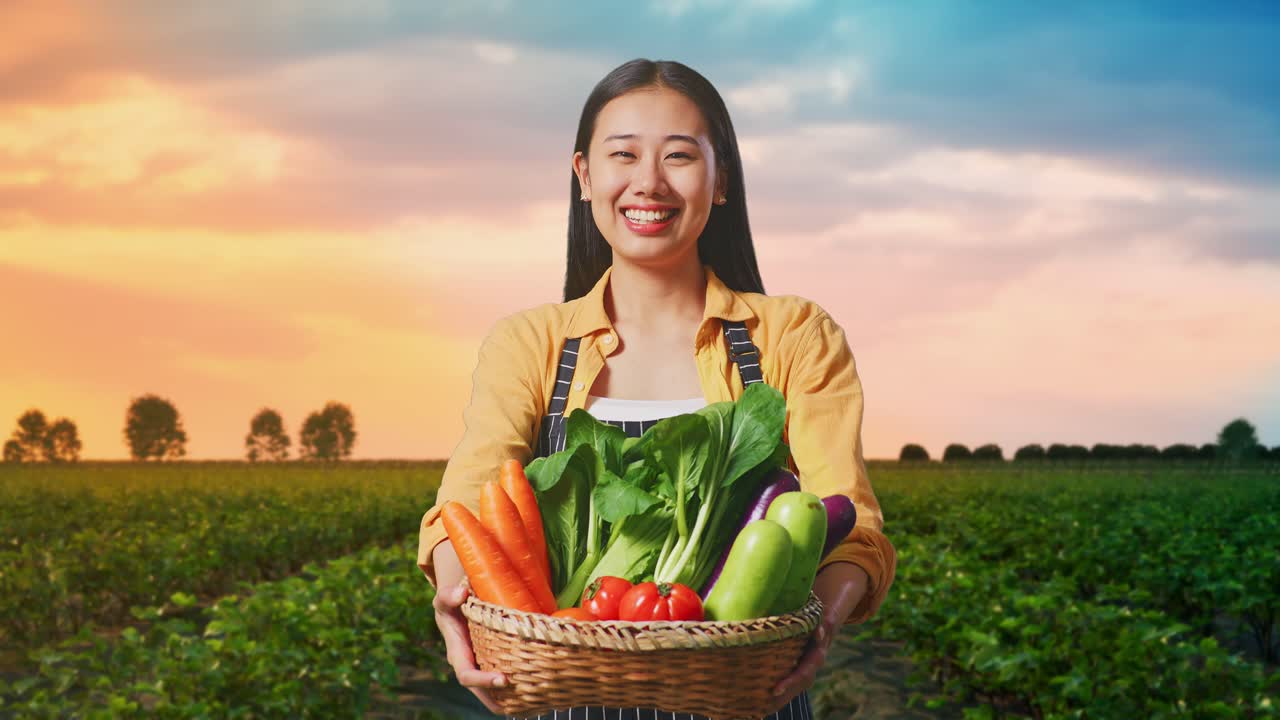 아시아 여성 농부 는 야채 와 함께 바구니 를 주고  에서 따뜻 한 미소 를 짓고 있다